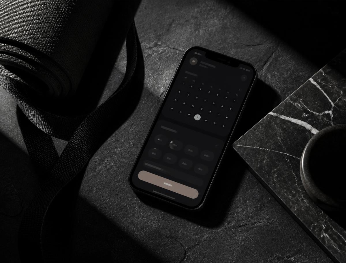 Phone showing a dark membership interface beside a rolled mat on black stone