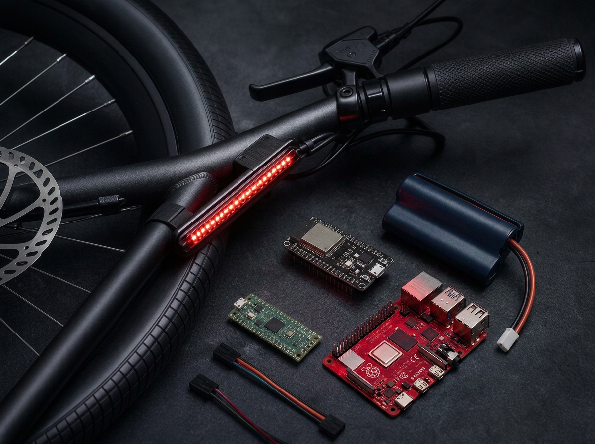 Bicycle handlebar with red LED brake light, ESP32 board, GPS module and battery pack on a dark surface